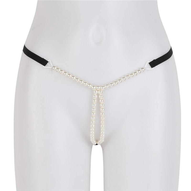 solid beading open crotch thong g string pearl panties