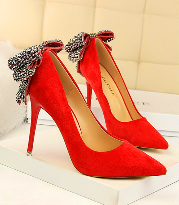 crystal butterfly knot shallow solid flock pointed toe high heel